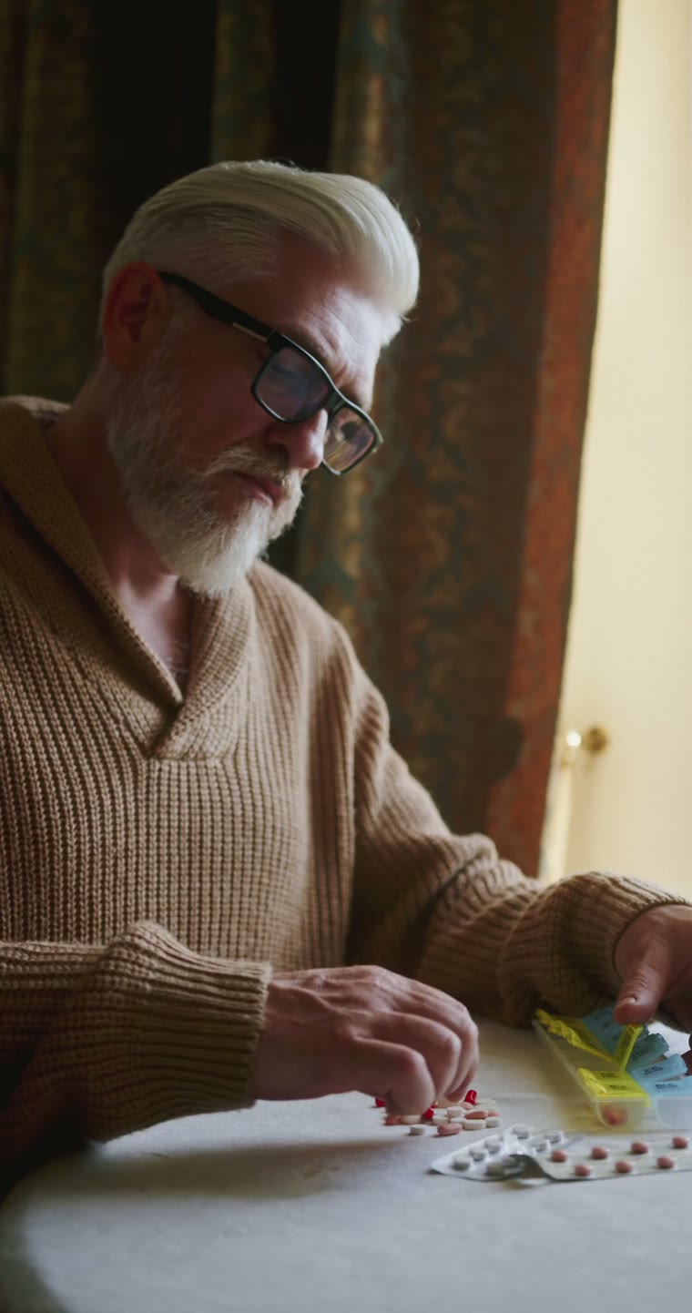 An older man at a table by the window, sorting his daily medicines into a pill organizer